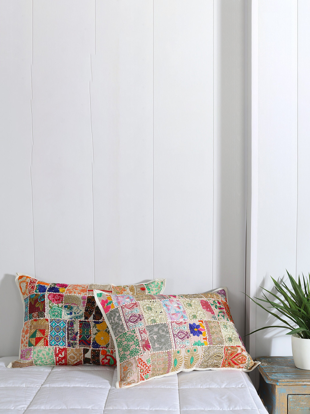 HANDICRAFT PALACE White & Blue 2 Pieces Patchwork Embroidered Cotton Pillow Covers