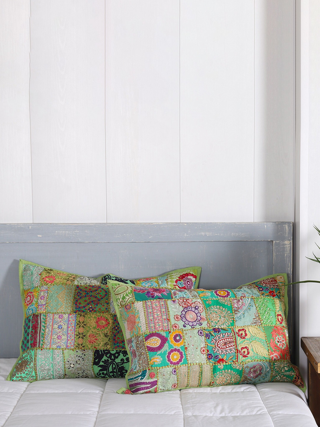 HANDICRAFT PALACE Green & Blue 2 Pieces Patchwork Embroidered Cotton Pillow Covers