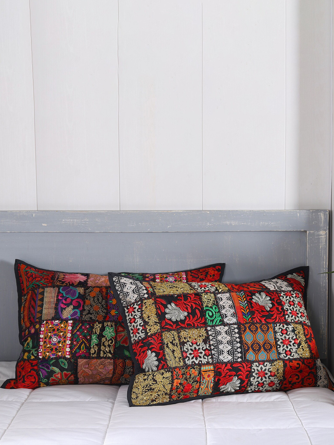 HANDICRAFT PALACE Black & Red 2 Pieces Patchwork Embroidered Cotton Pillow Covers
