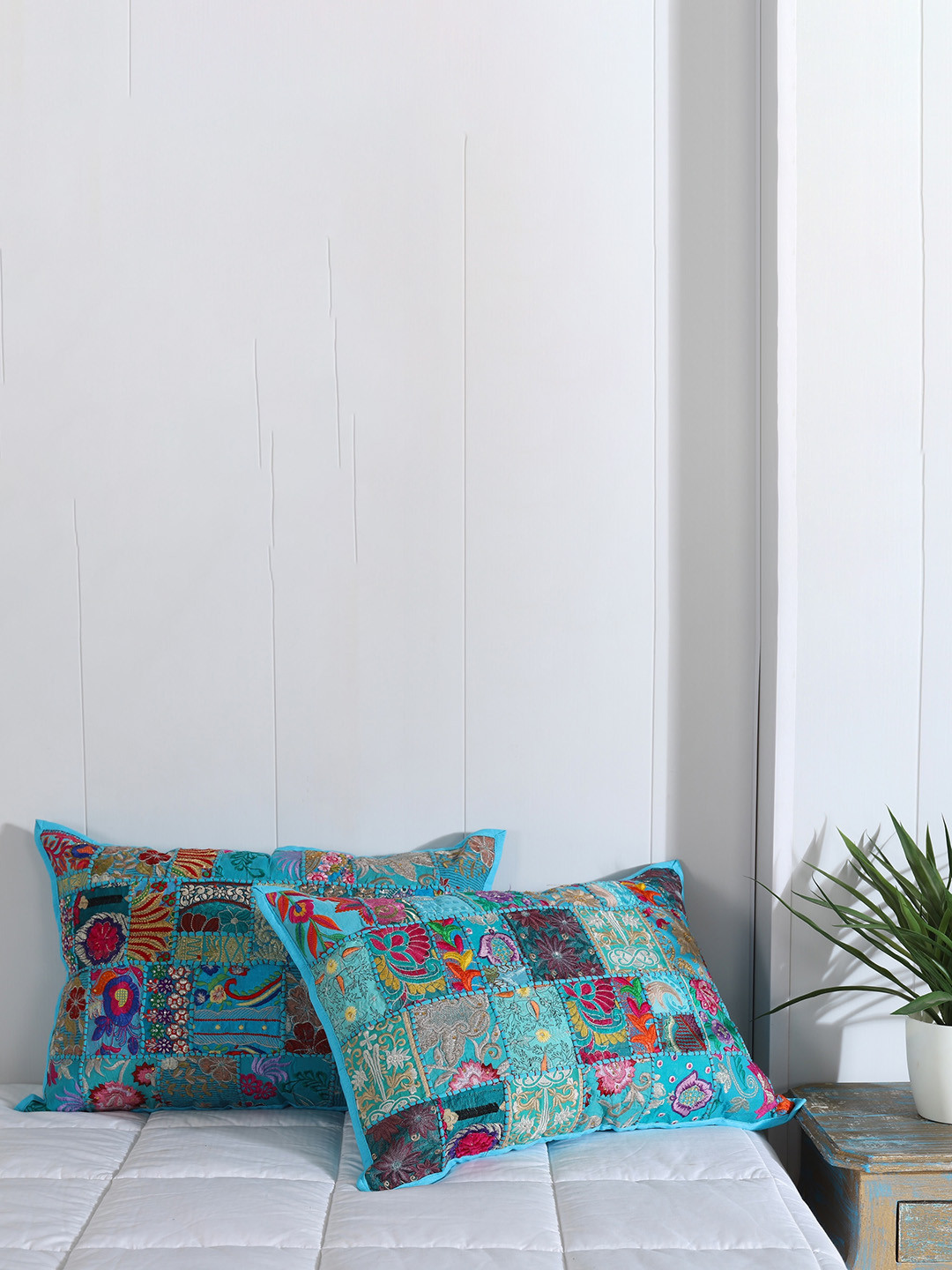HANDICRAFT PALACE Turquoise Blue & Red 2 Pieces Patchwork Embroidered Cotton Pillow Covers