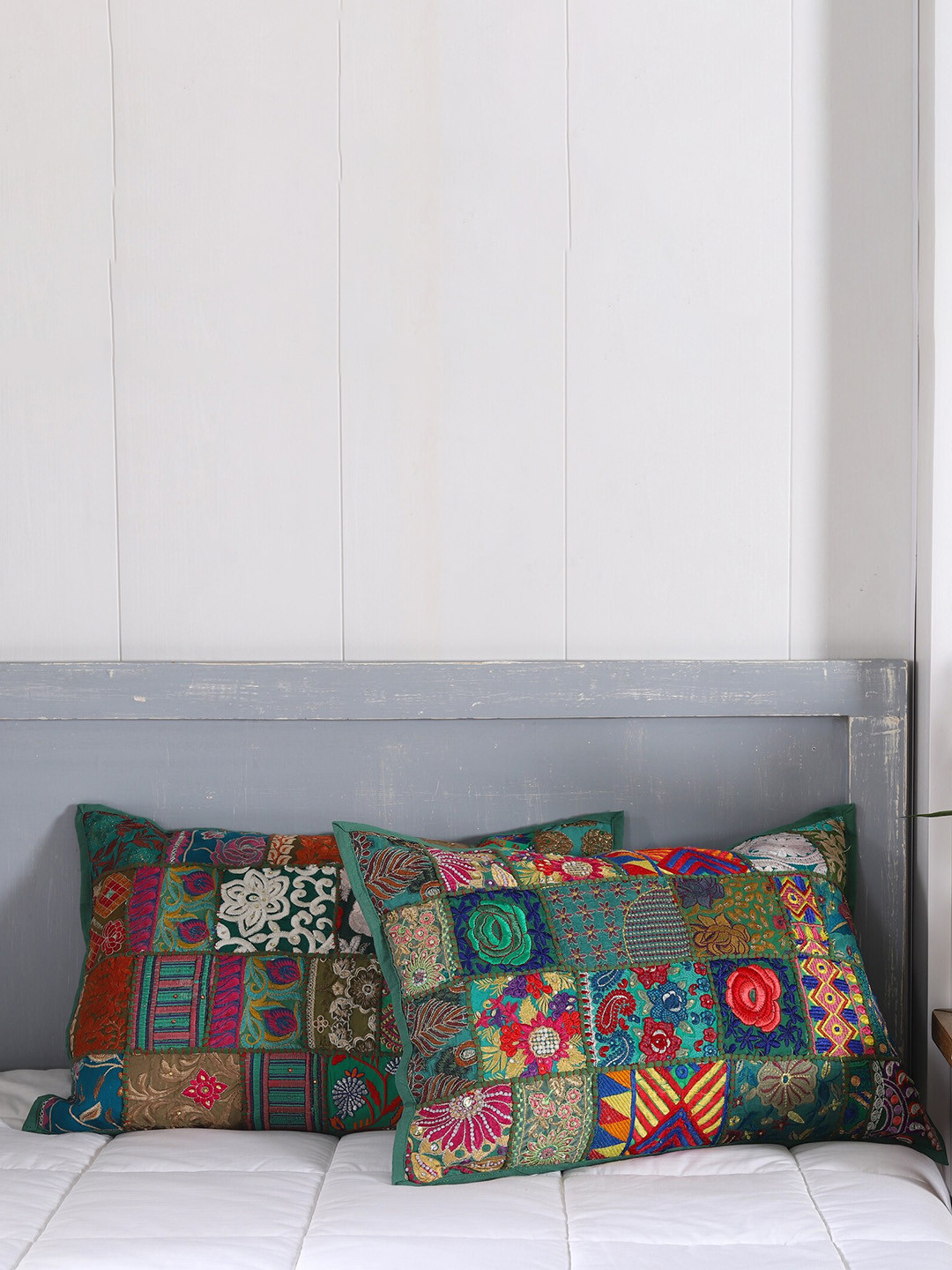 HANDICRAFT PALACE Green & Red 2 Pieces Patchwork Embroidered Cotton Pillow Covers