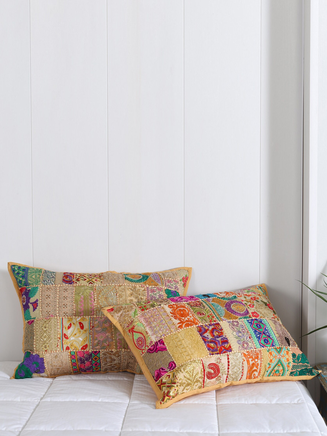 HANDICRAFT PALACE Beige & Red 2 Pieces Patchwork Embroidered Cotton Pillow Covers