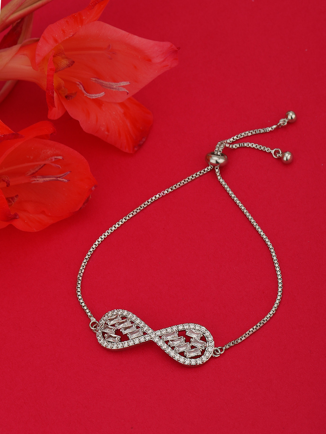 Carlton London Women Rhodium-Plated Brass Cubic Zirconia Premium Charm Bracelet