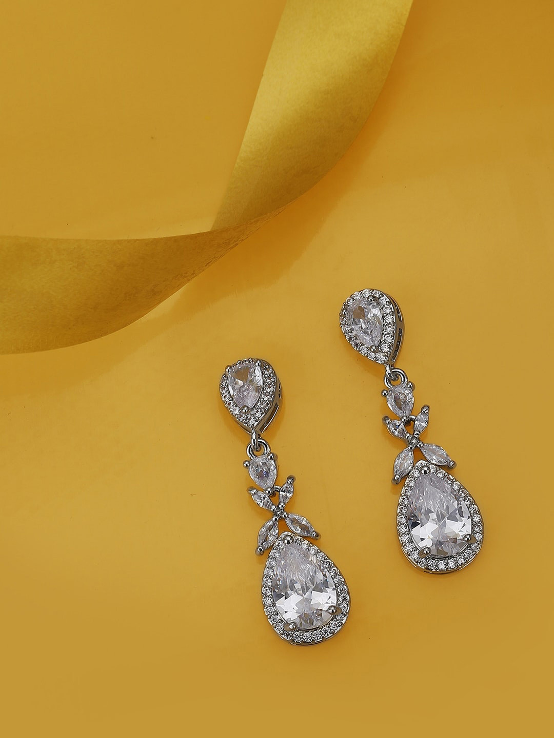 Carlton London Rhodium-Plated Teardrop Shaped Premium Drop Earrings