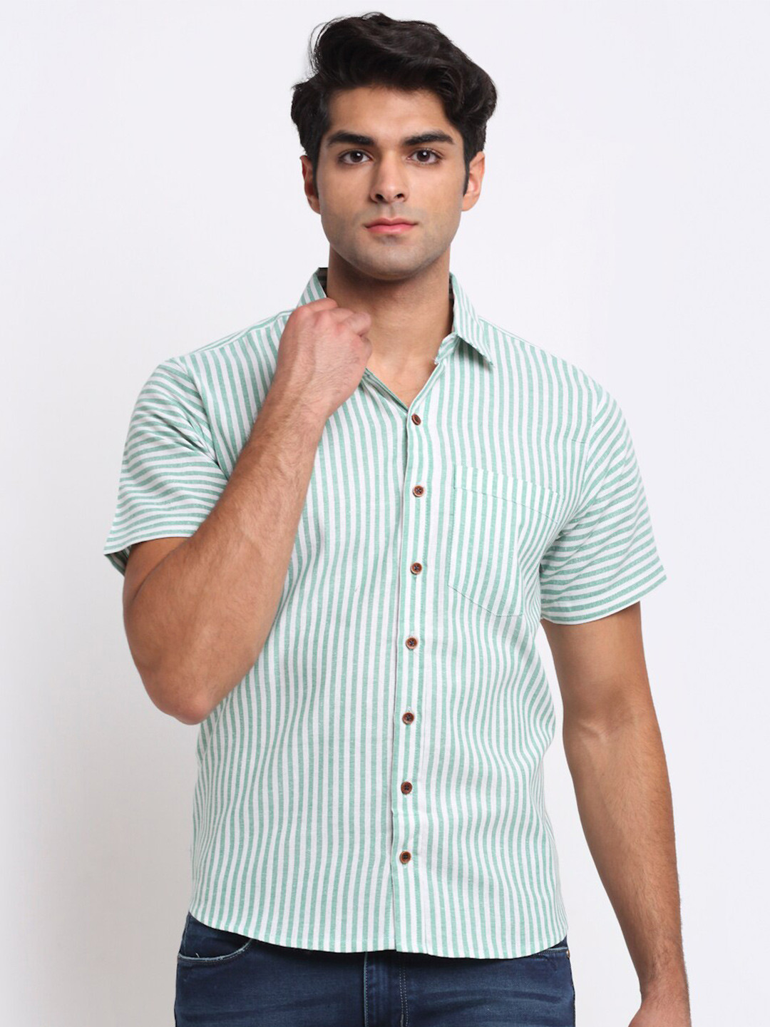 Enchanted Drapes Vertical Stripes Striped Pure Cotton Casual Shirt