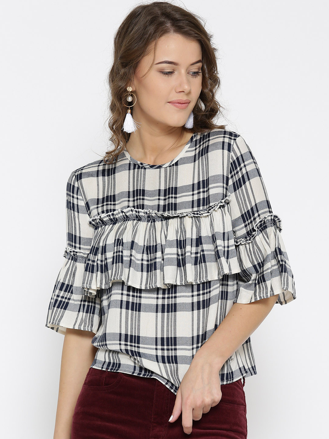 ONLY Women Off-White & Navy Checked Layered Top