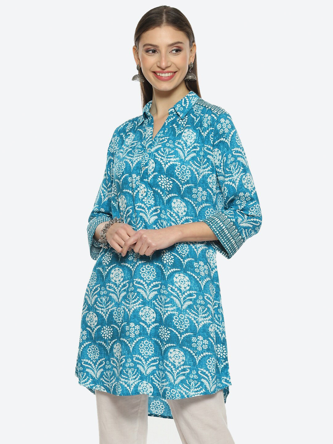Biba Women Floral Printed Shirt Collar Kurti