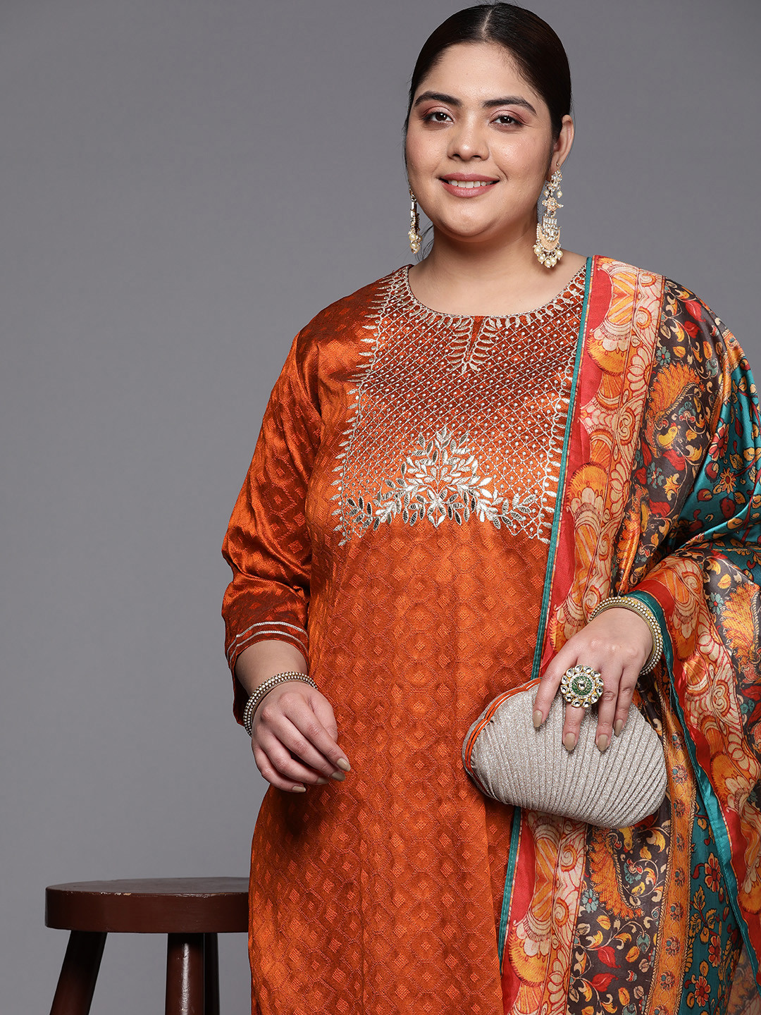 Varanga Plus Size Embroidered Kurta With Trousers & Dupatta