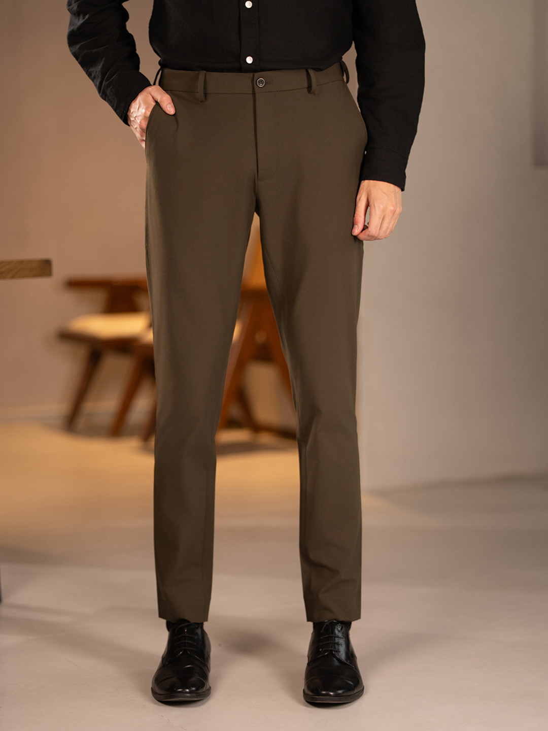 The Pant Project Men Army Olive Solid Slim Fit Wrinkle-Resistant Formal Trousers with Stretchable Waistband