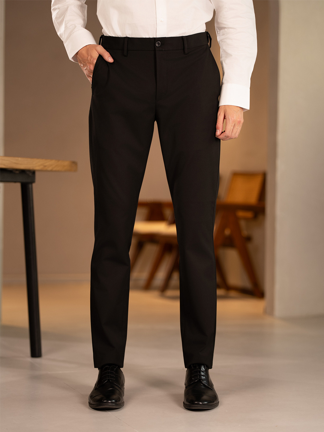 The Pant Project Men Ebony Black Solid Slim Fit Wrinkle-Resistant Formal Trousers with Stretchable Waistband