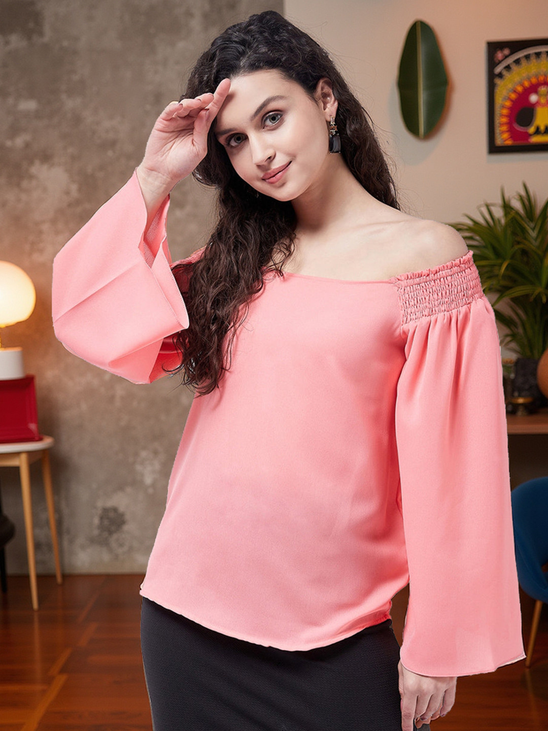 Zima Leto Off-Shoulder Smocked Detail Bardot Top