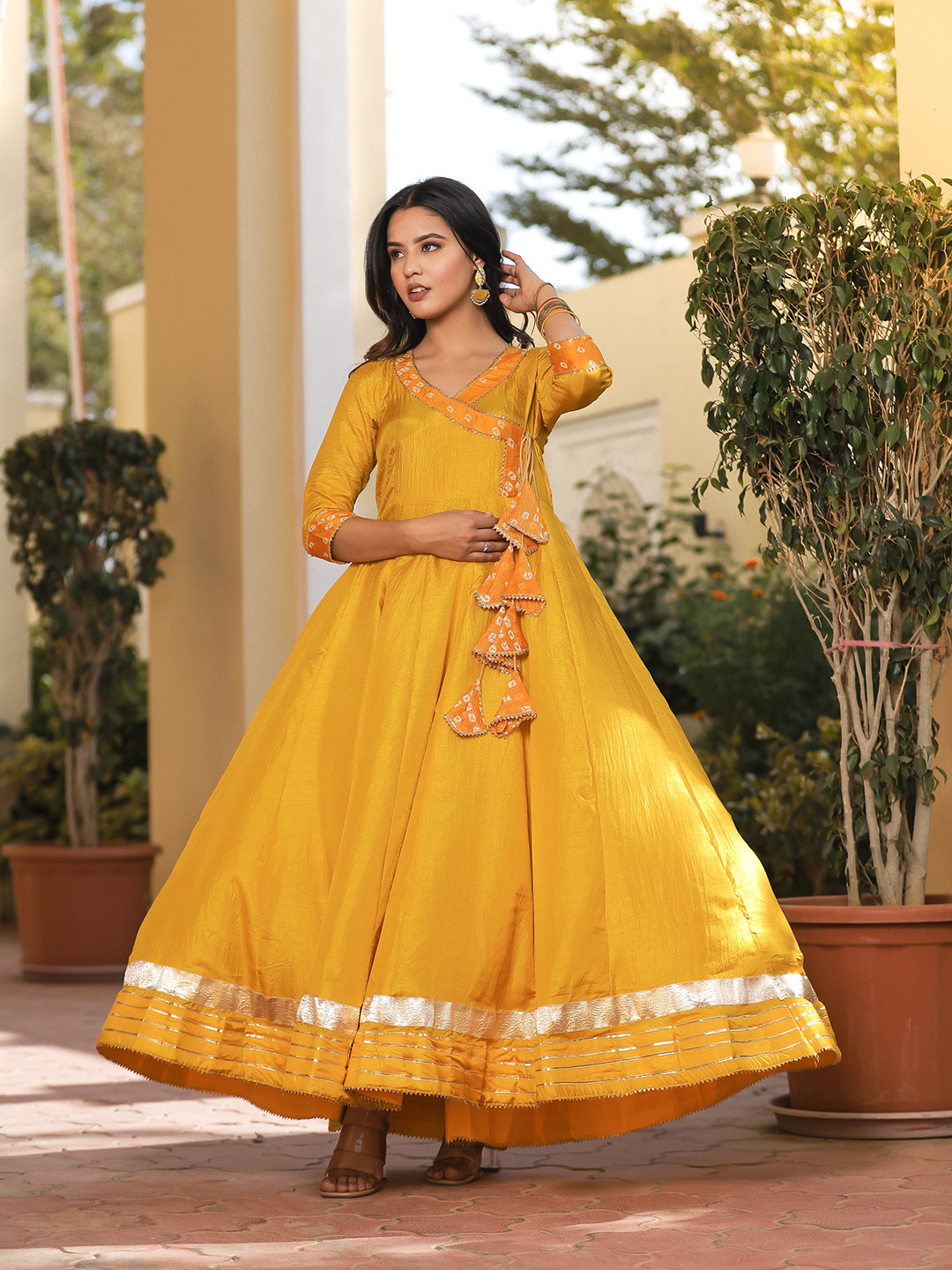 Indi INSIDE Women Bandhani Printed Angrakha Gotta Patti Kurta with Trousers & Dupatta