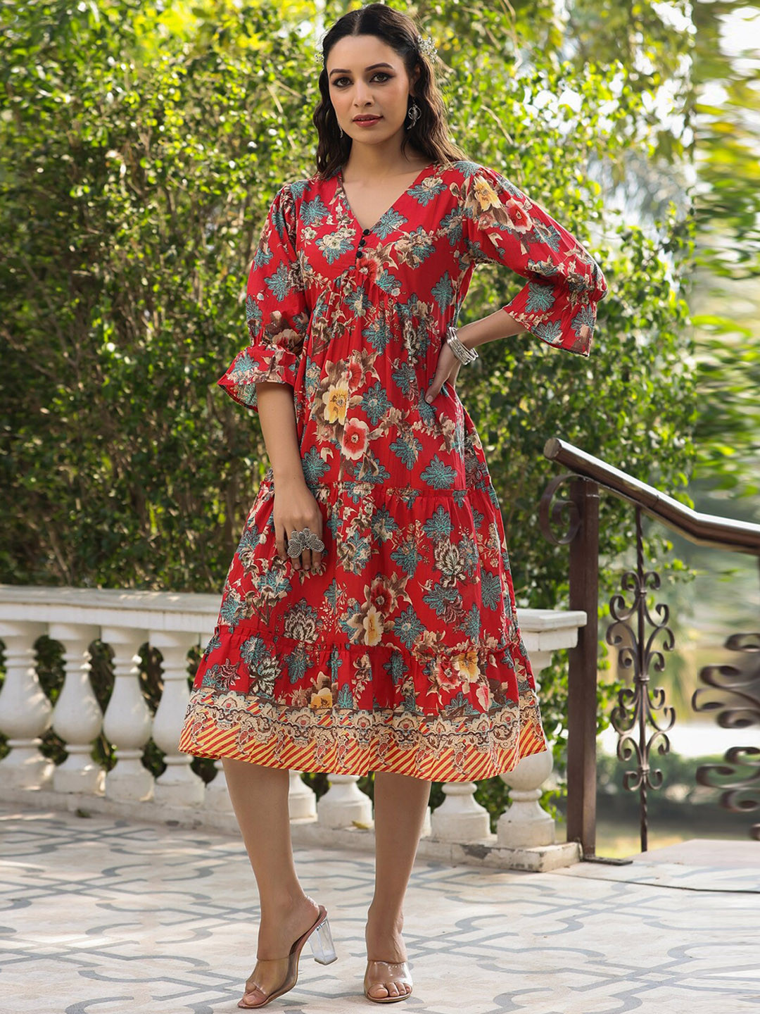 Rain & Rainbow Floral Printed Pure Cotton Knee-Length A-Line Ethnic Dress