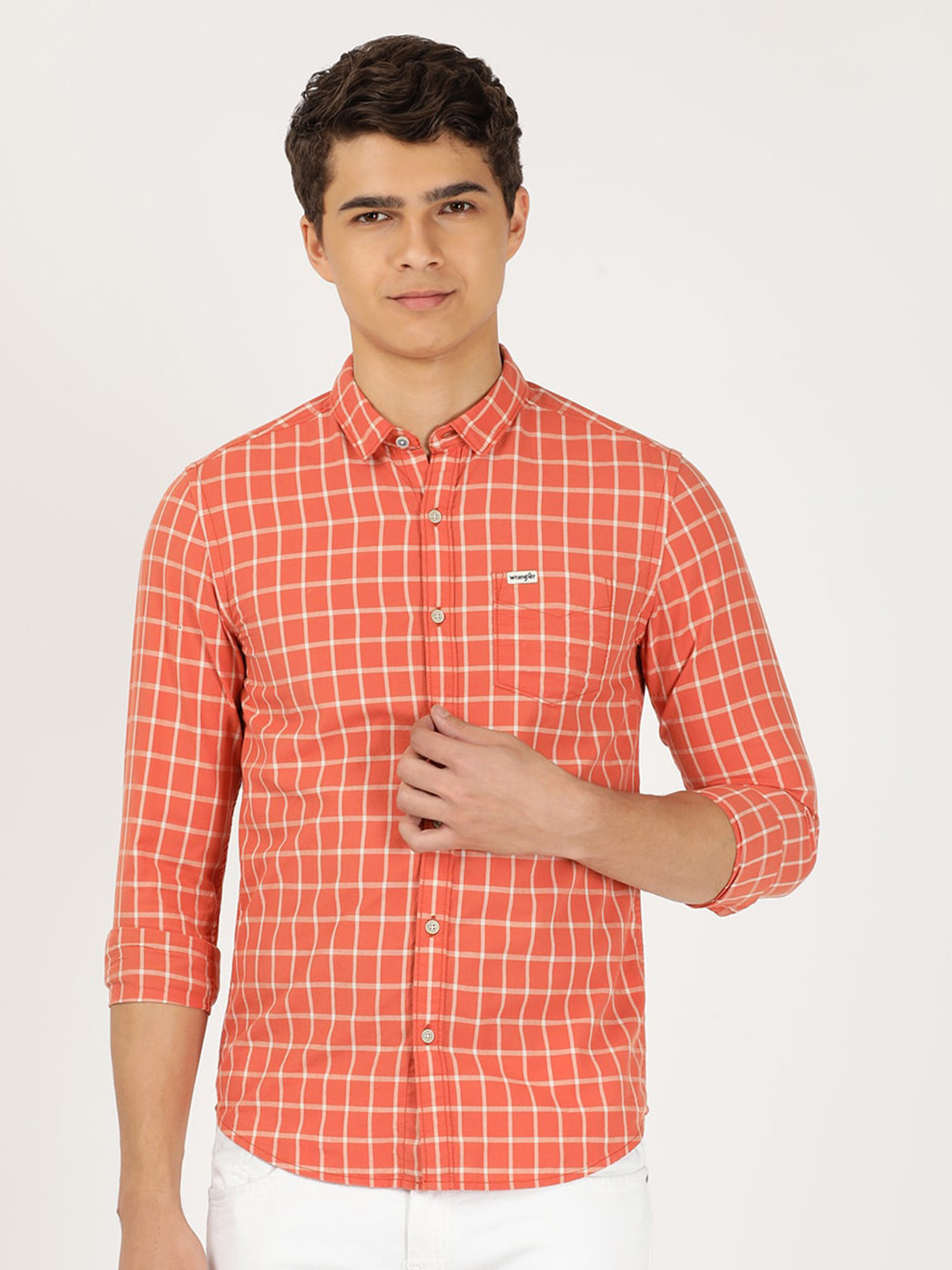 Wrangler Men Slim Fit Grid Tattersall Checked Casual Cotton Shirt