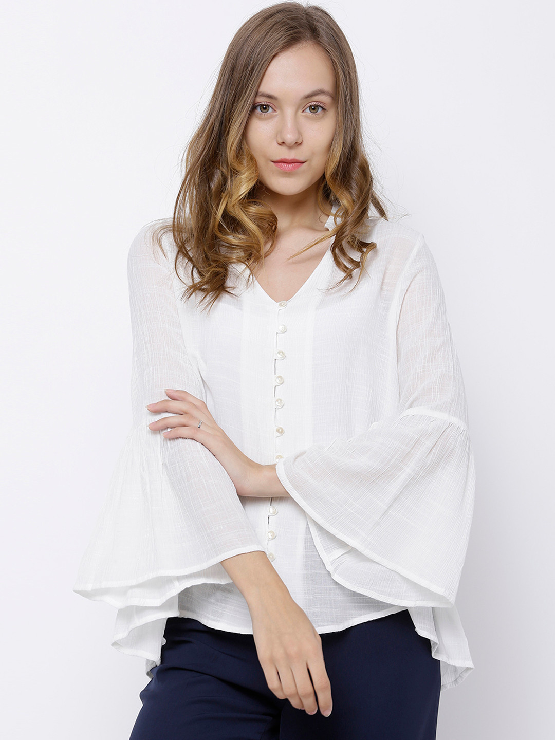 Tokyo Talkies Women Off-White V Neck Bell Sleeve Solid Top