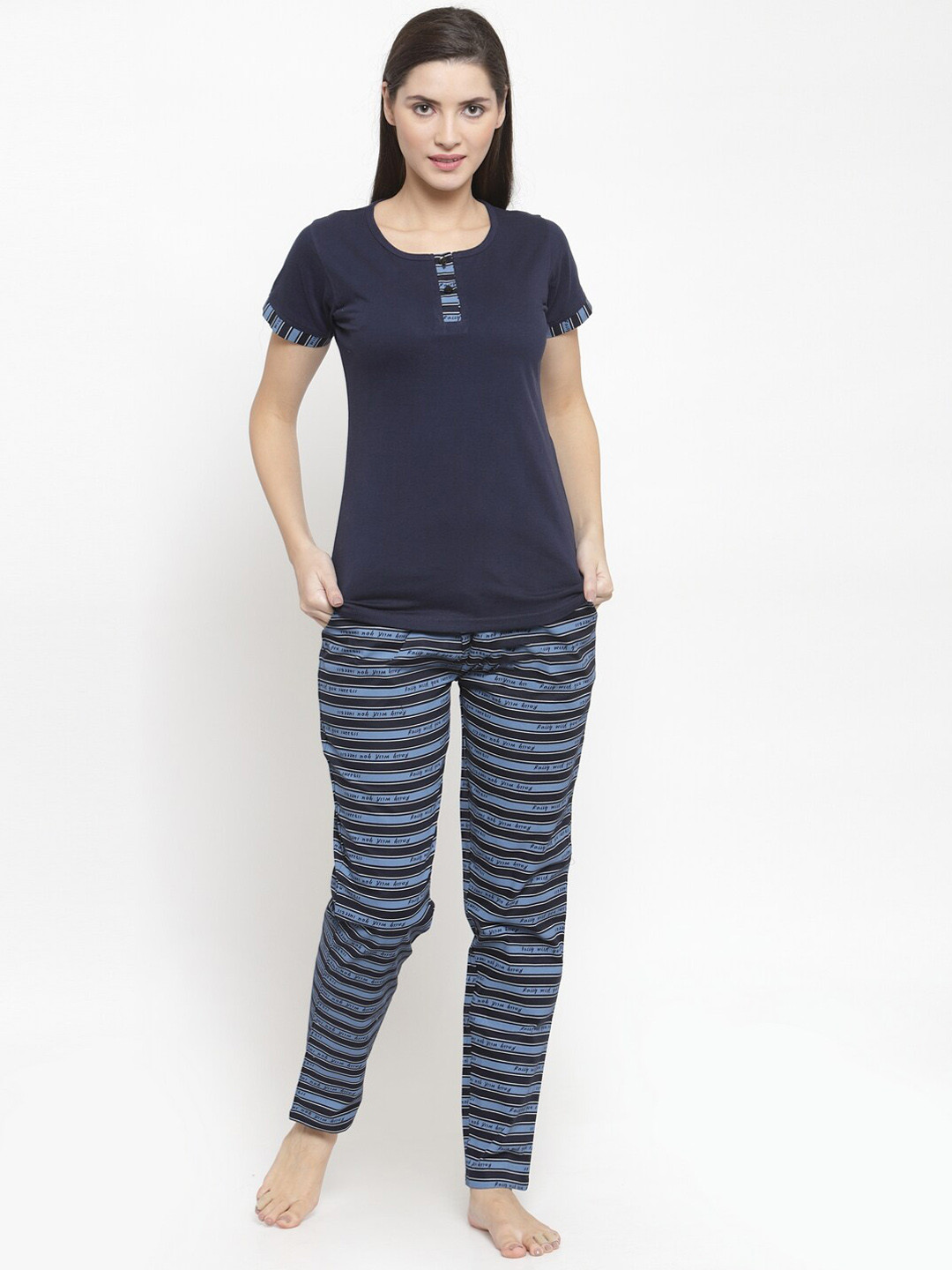 Claura Women Black Striped Pure Cotton Night Suit