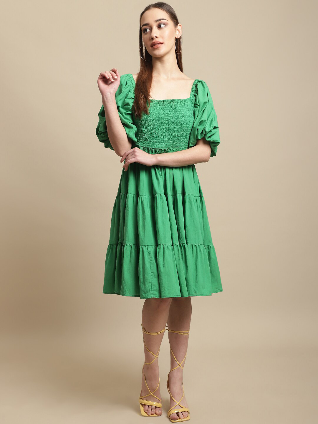 BLANC9 Puff Sleeves Tiered A-Line Dress