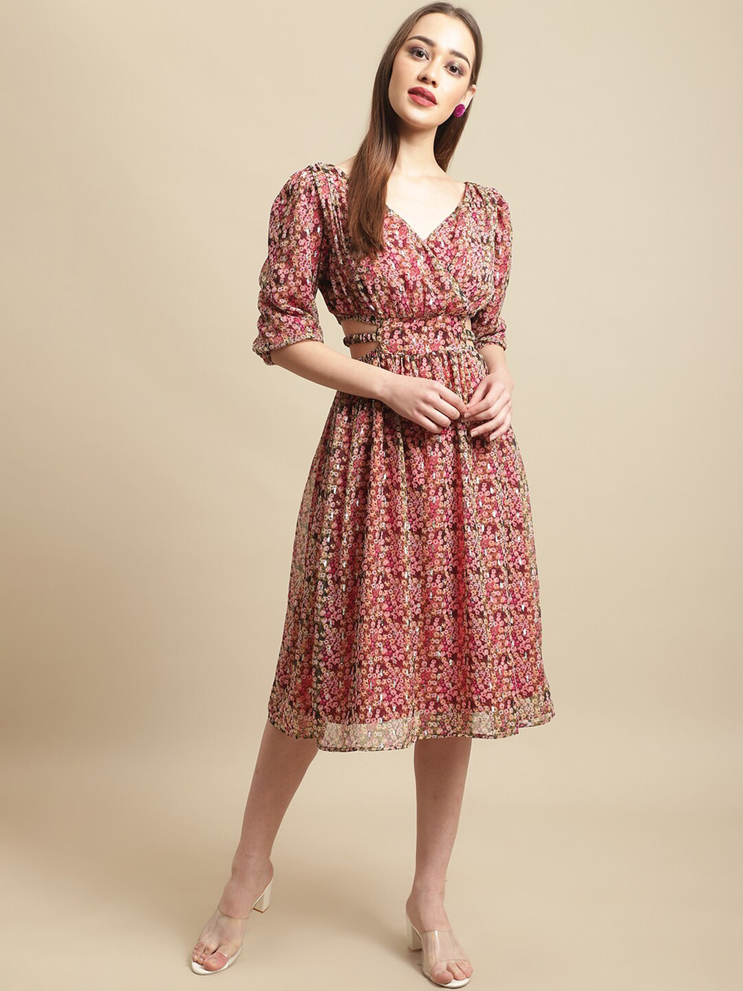 BLANC9 V-Neck Cut-Outs Floral Printed Midi Dress