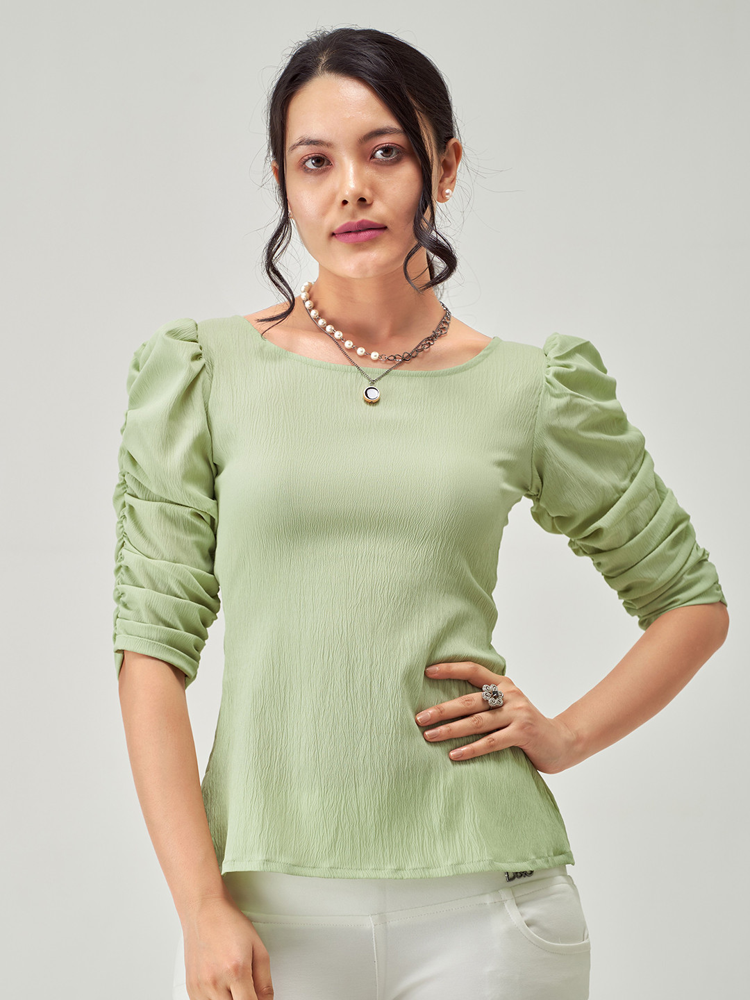 AASK Lime Puff Sleeve Crepe Top