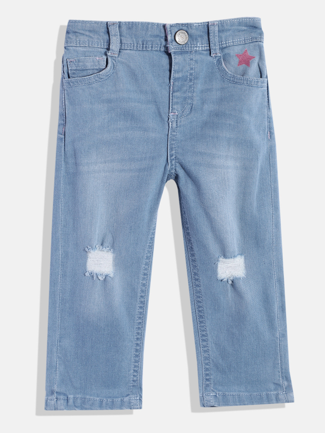 mothercare Girls Relaxed Fit Mid-Rise Slash Knee Light Fade Applique Stretchable Jeans