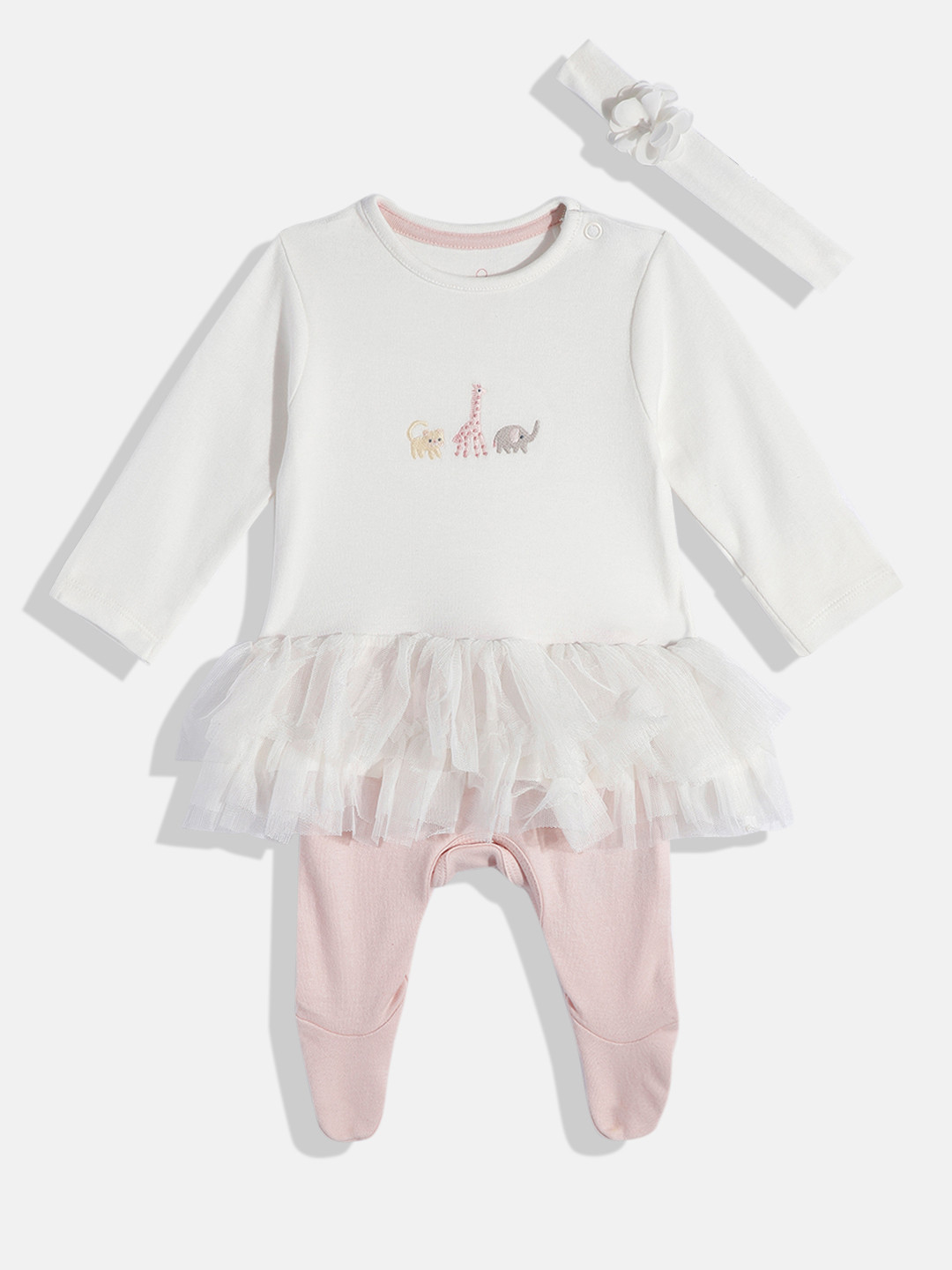 mothercare Girls Embroidered Ruffles Knitted Pure Cotton Sleepsuit With Headband