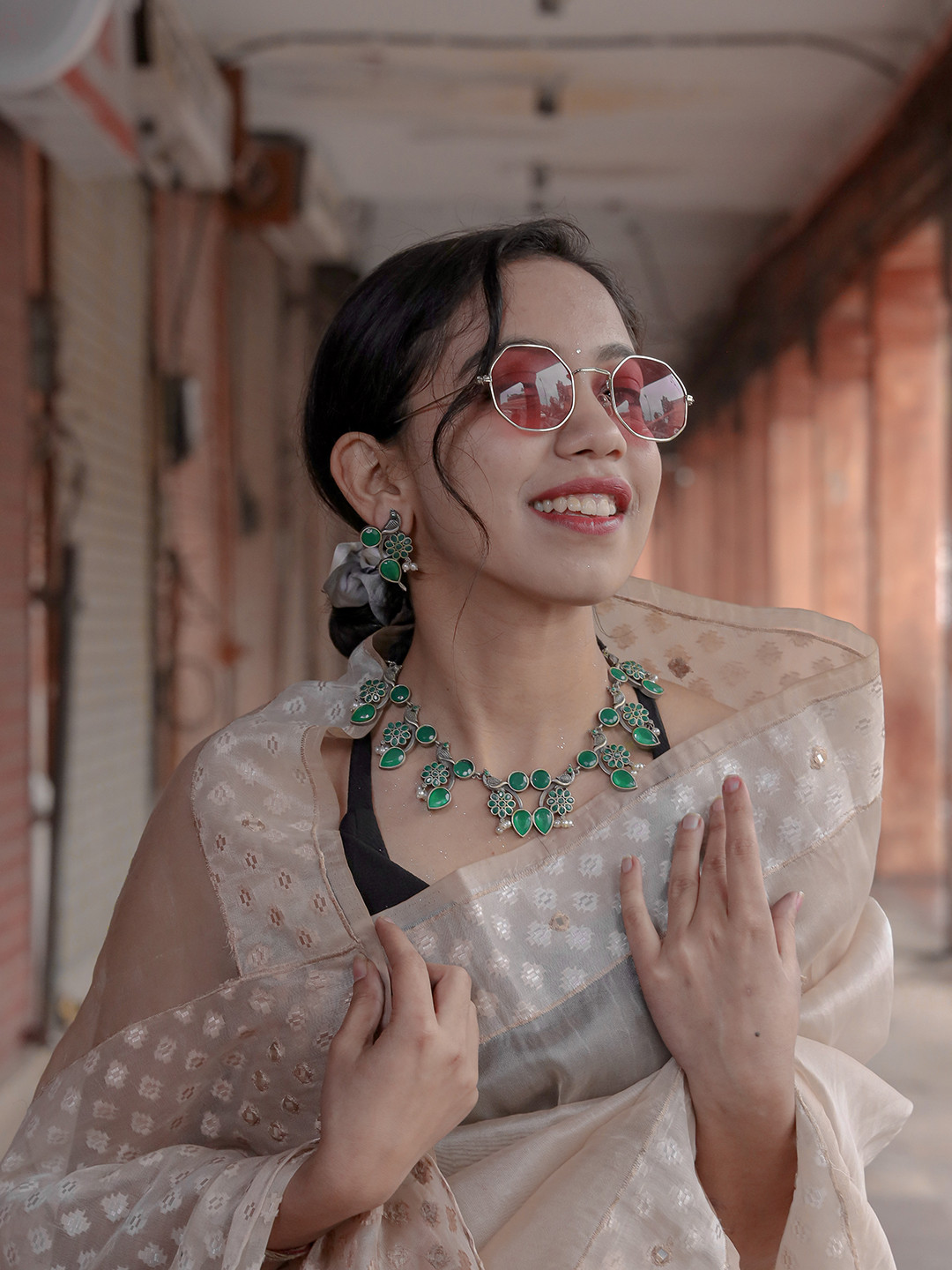 Ozanoo Silver-Plated Oxidised Necklace & Earrings Set