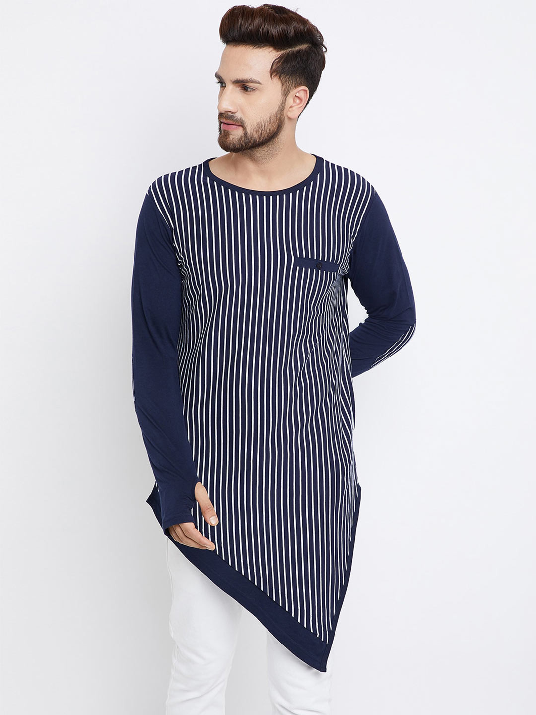 Hypernation Men Striped Longline Asymmetric Cotton T-shirt