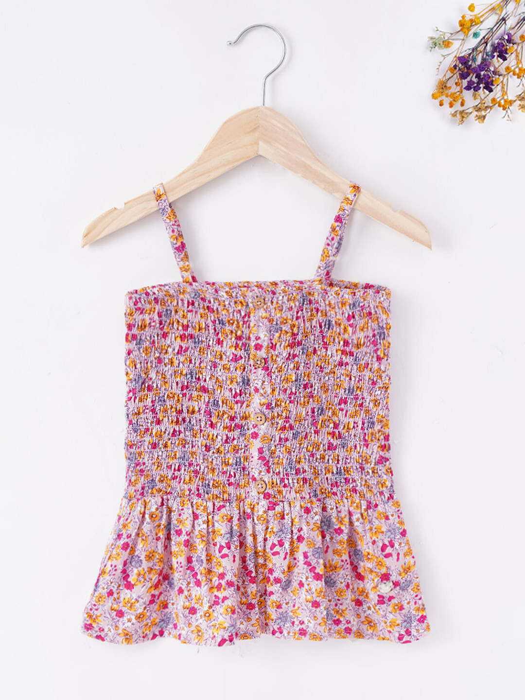 Ed-a-Mamma Girls Floral Printed Cotton Smocking Peplum Top