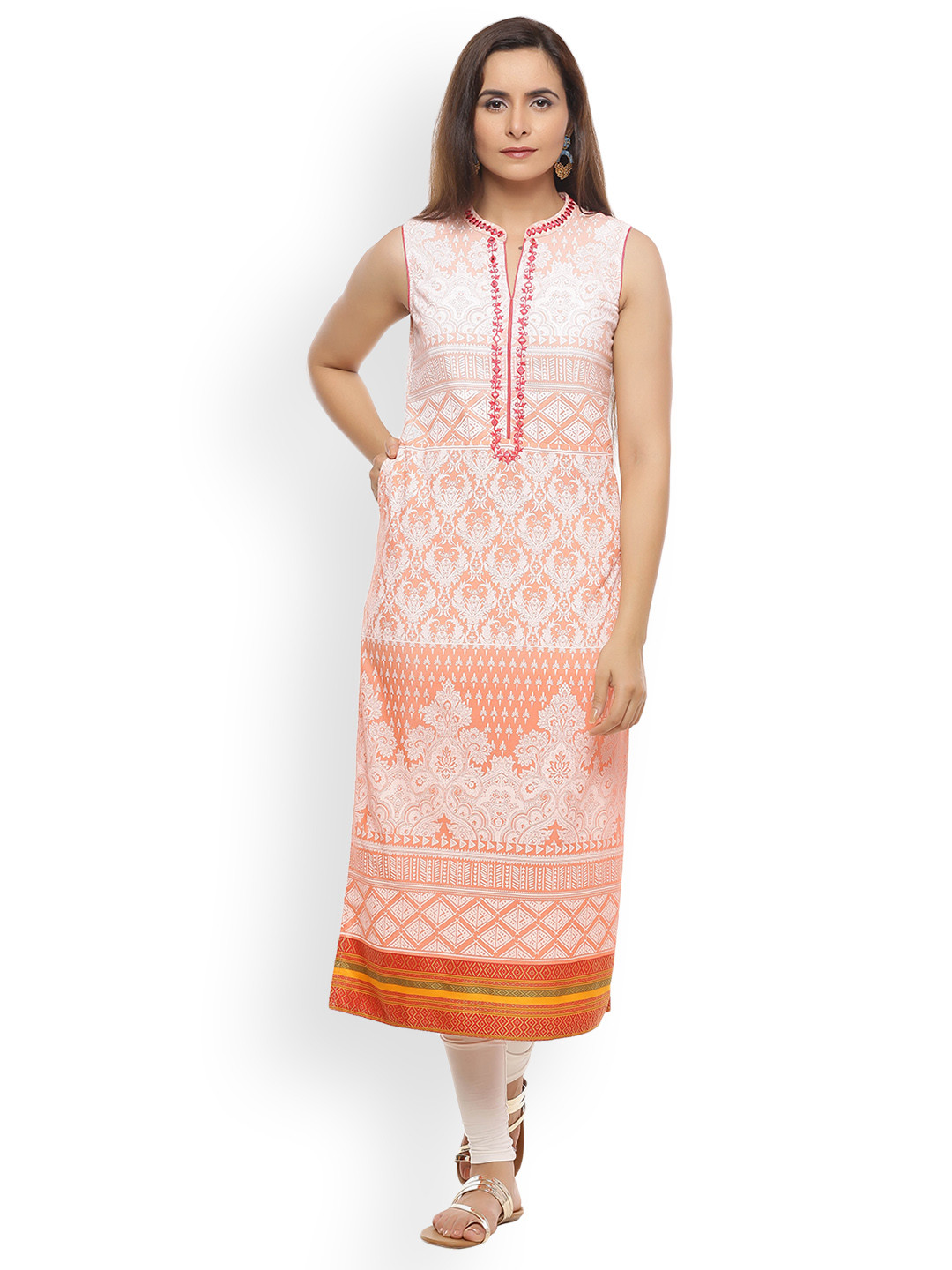 Geroo Jaipur Peach Hand Embroidered Sleeveless Cotton Kurta