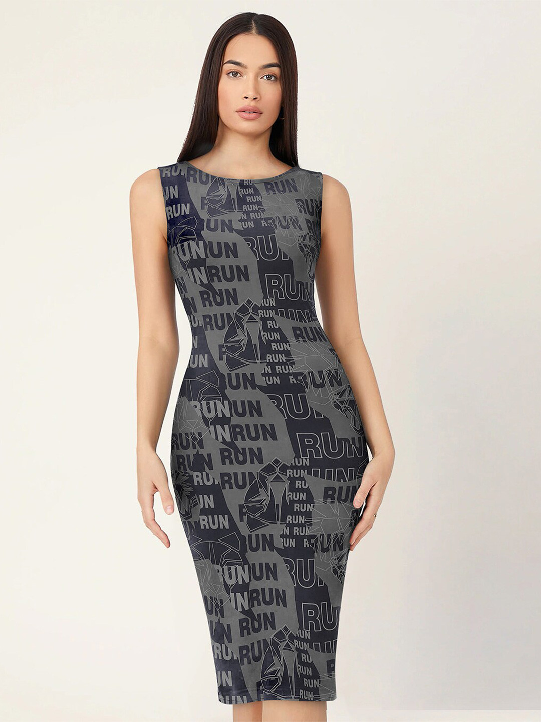 KERI PERRY Typography Printed Sleeveless Bodycon Dress