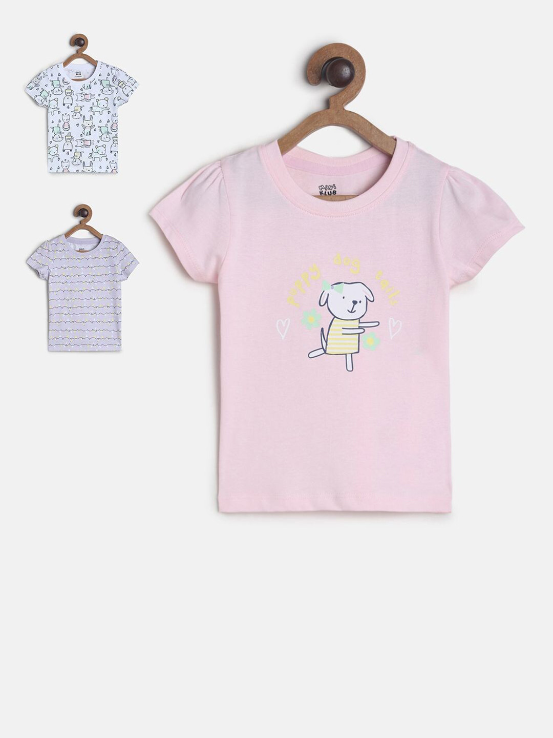 MINI KLUB Girls Pack of 3 Graphic Printed Puff Sleeves Pure Cotton Top