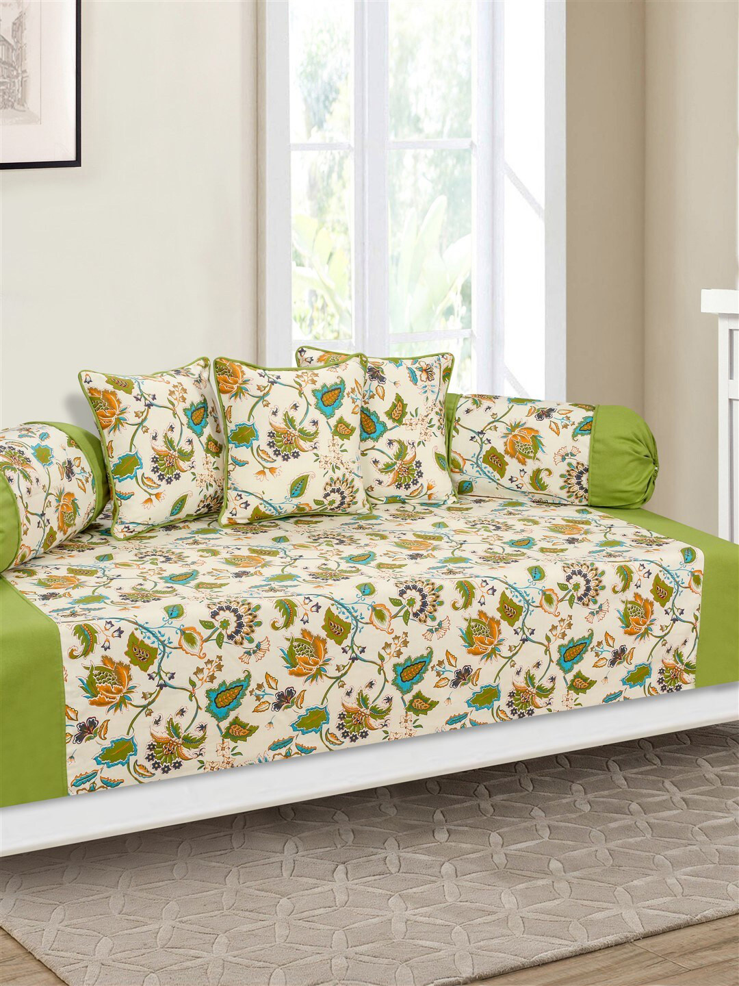 SHADES of LIFE Cream & Green 8 Pcs Ethnic Motifs Printed Cotton Diwan Set