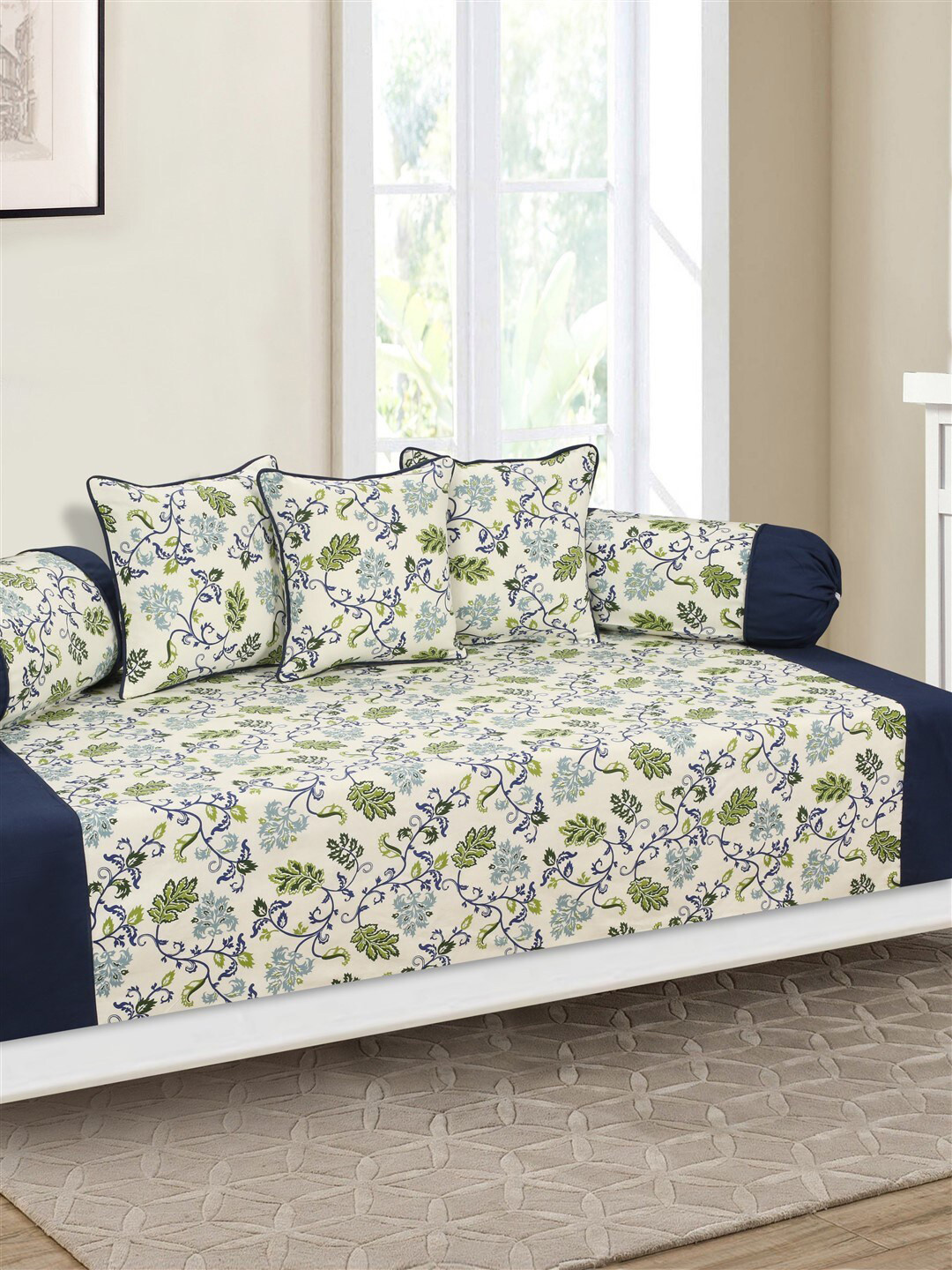 SHADES of LIFE Cream & Green 6 Pcs Ethnic Motifs Printed Cotton Diwan Set