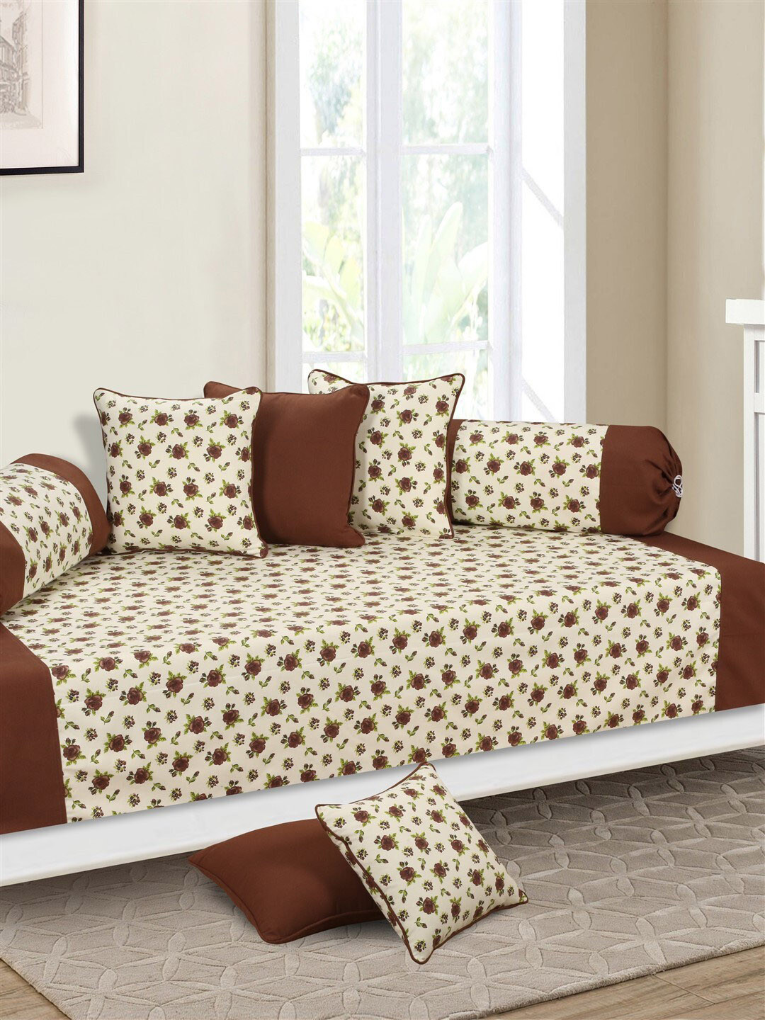 SHADES of LIFE Cream-Colored & Brown 8 Pcs Rose Floral Printed Cotton Diwan Set