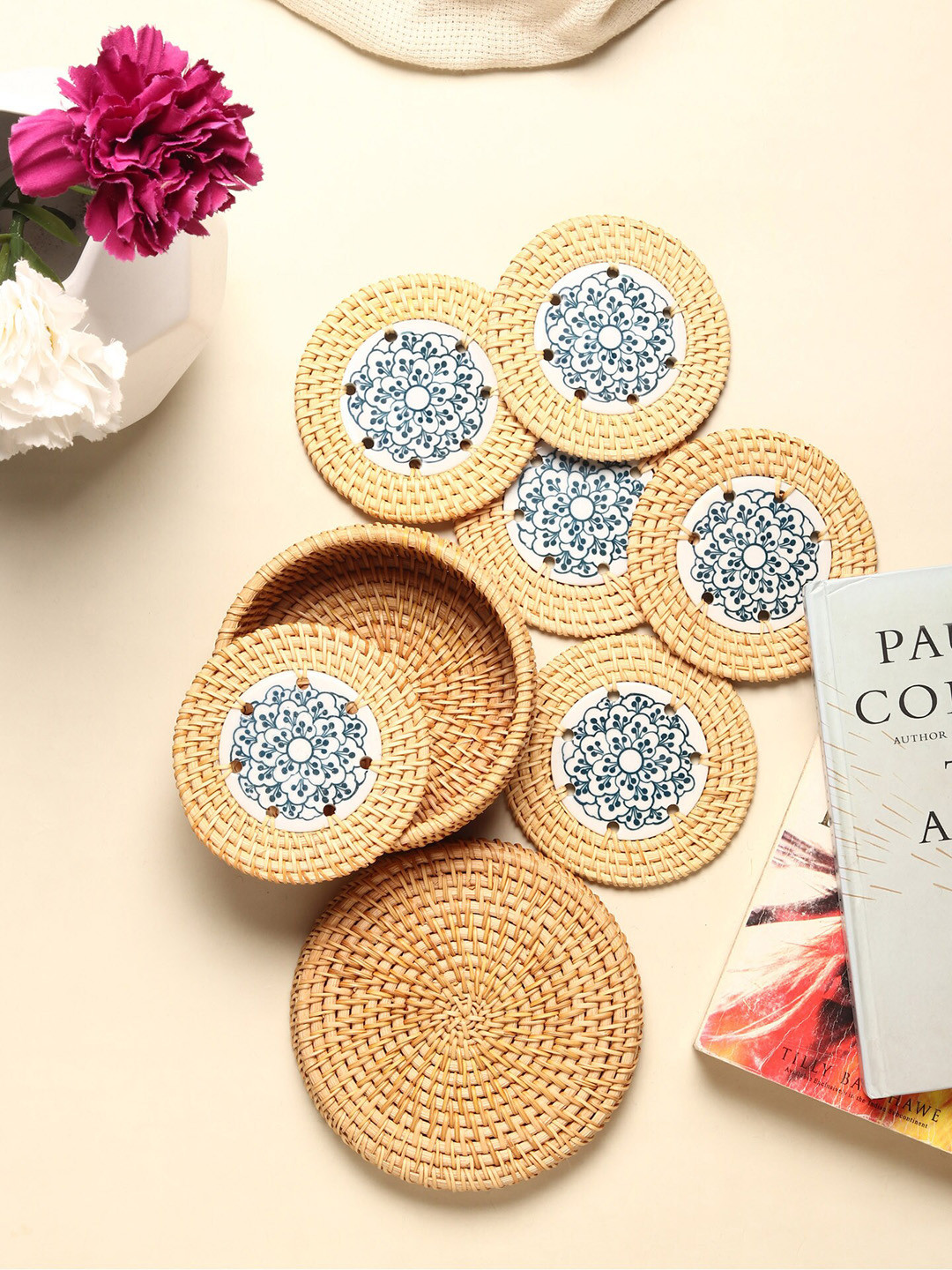 HABERE INDIA Pack of 6 Pink Textured Circular Rattan Tea Coasters