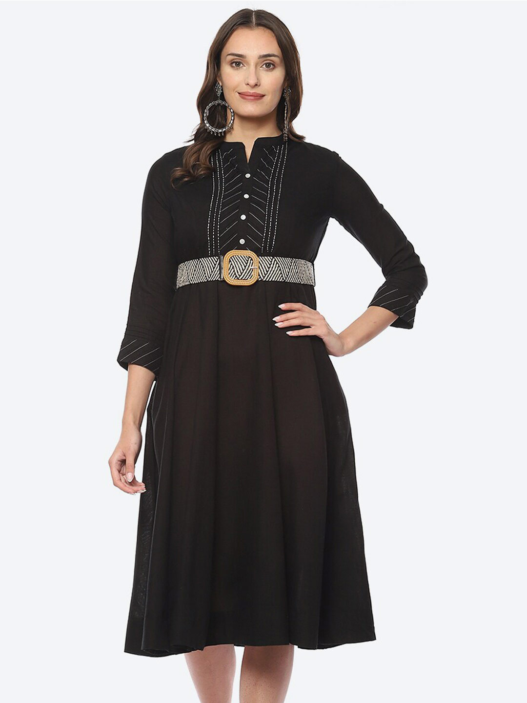 Biba Mandarin Collar Belted Fit And Flare Midi Dress