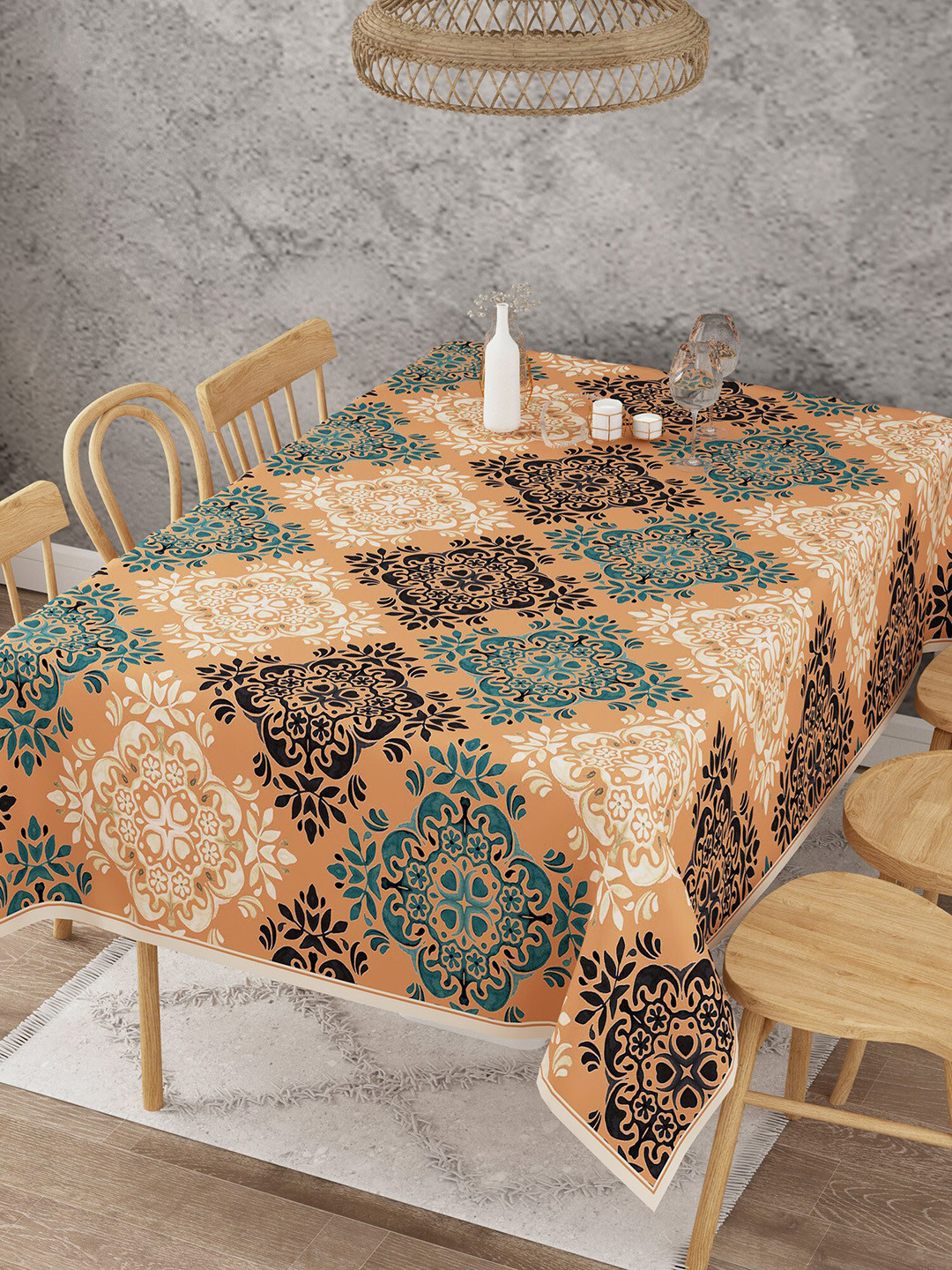 EverHOME Orange & Black Printed Cotton Rectangular 6 Seater Table Cover