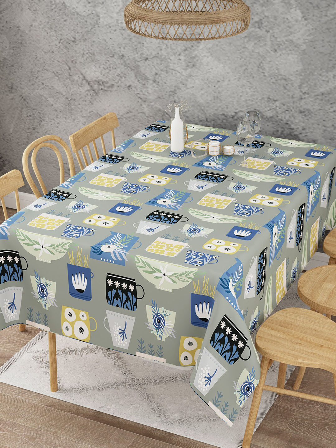 EverHome Grey & White Printed Cotton 6 Seater Rectangular Table Cover