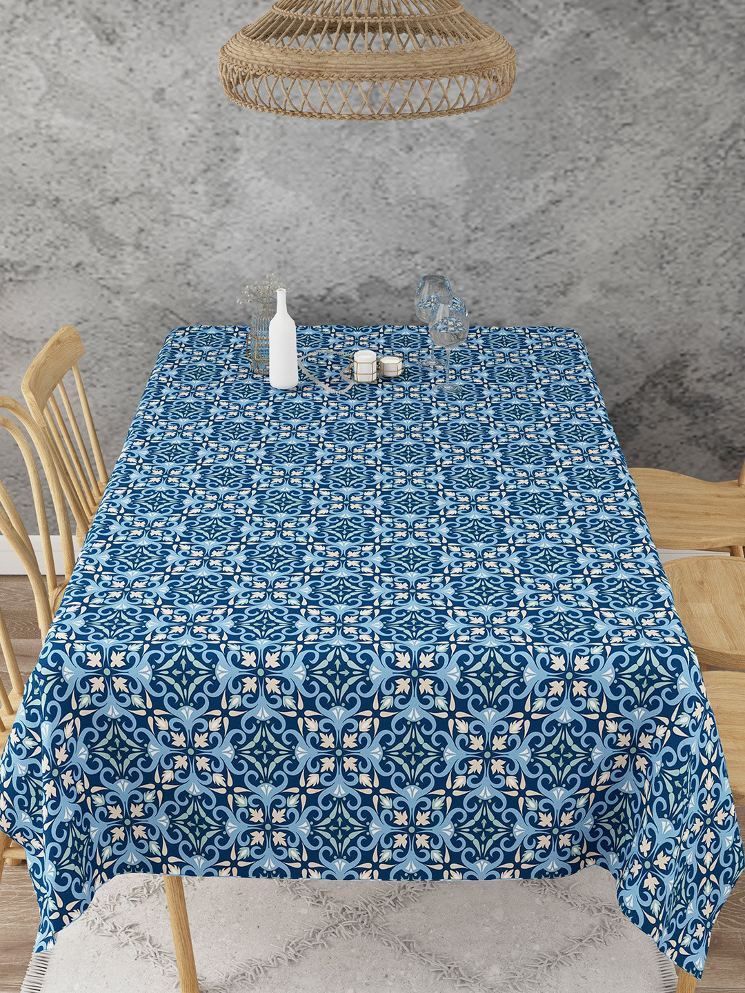 EverHome Navy Blue &  Peach Printed Cotton 6 Seater Rectangular Table Cover