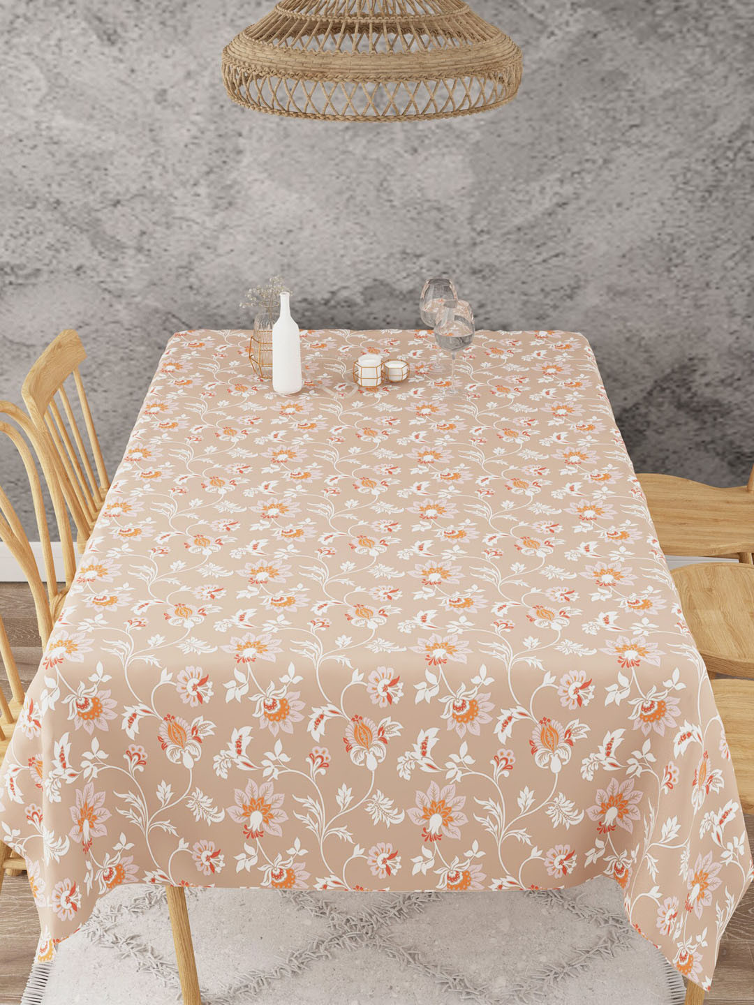 EverHOME Coffee Brown & Orange Printed Cotton Rectangular 6 Seater Table Cover
