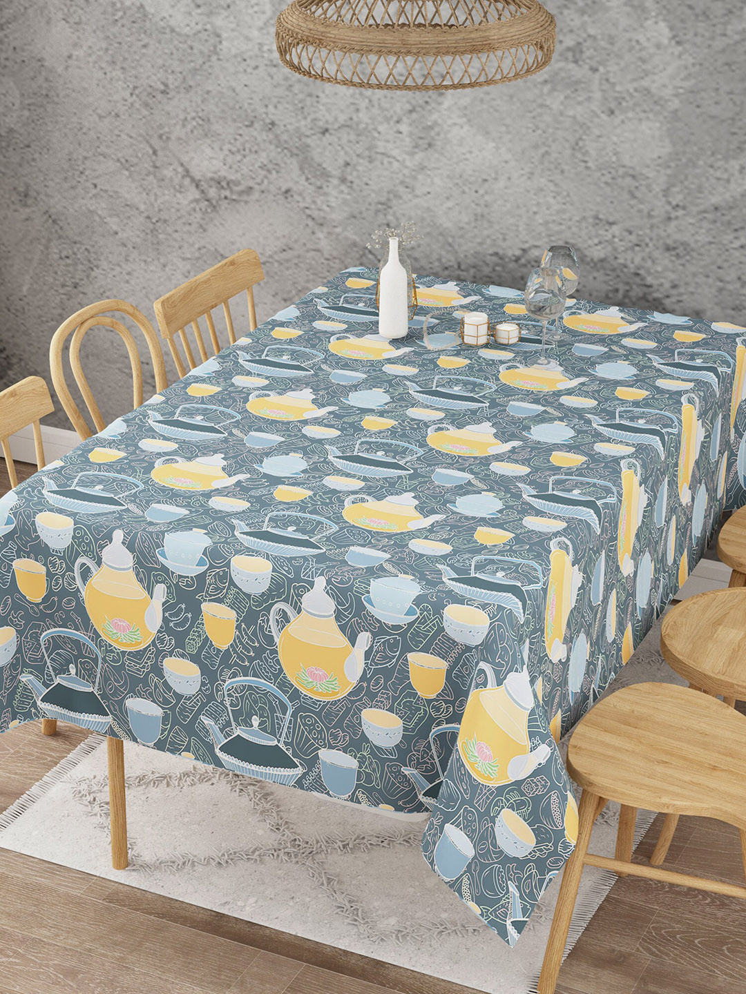 EverHOME Grey & Yellow Printed Cotton Rectangular 6 Seater Table Cover