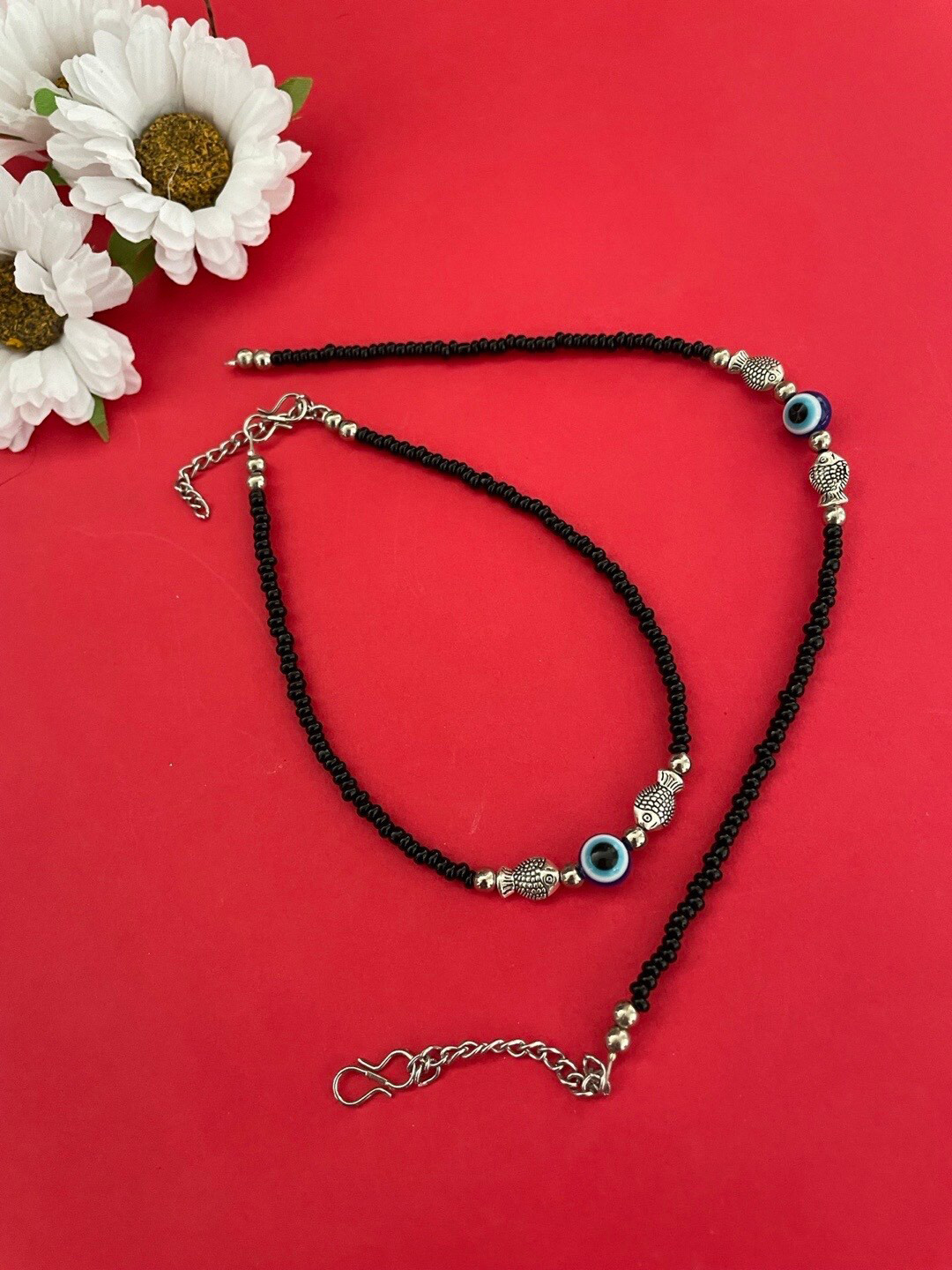 Digital Dress Room Set Of 2 Silver-Plated Nazariya Black Beads Anklet