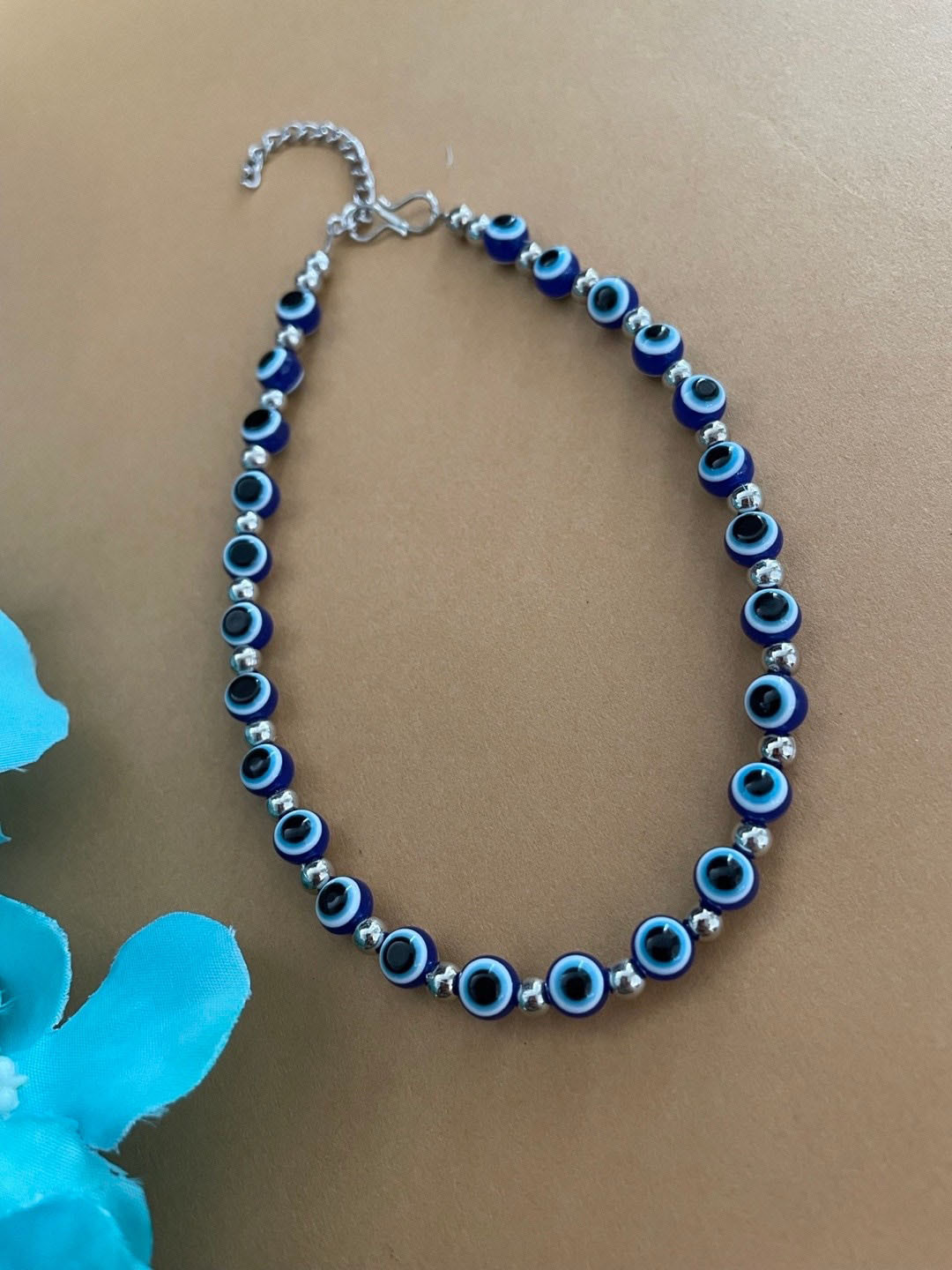 Digital Dress Room Silver-Plated Beaded Evil Eye Anklet