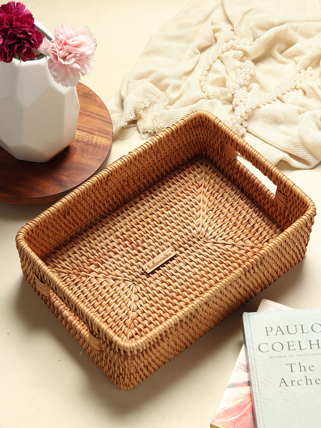 HABERE INDIA Brown Wicker Small Tray With Handle