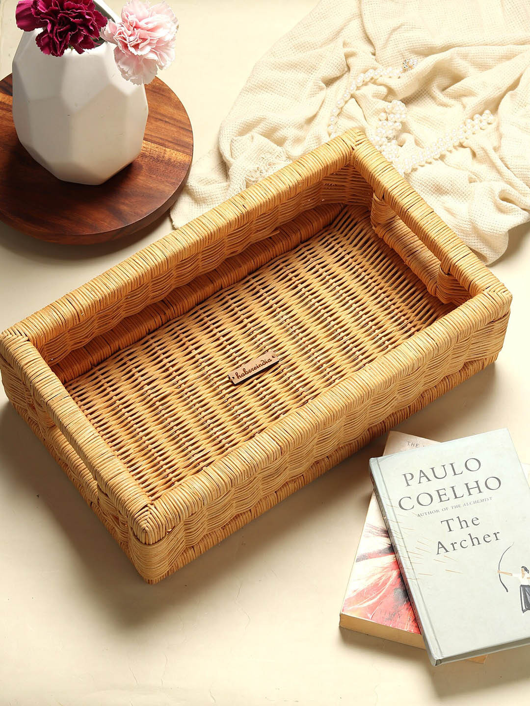 HABERE INDIA Wicker Beige Textured Wooden Wicker Tray