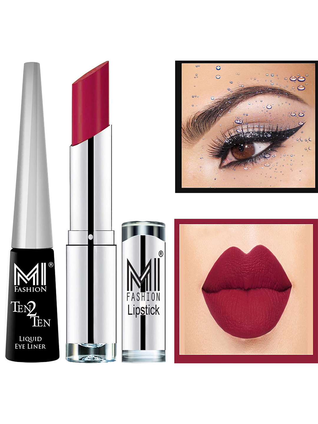 MI FASHION Set of Ten2Ten Liquid Eyeliner - 01 & Creme Matte Lipstick - Red 11