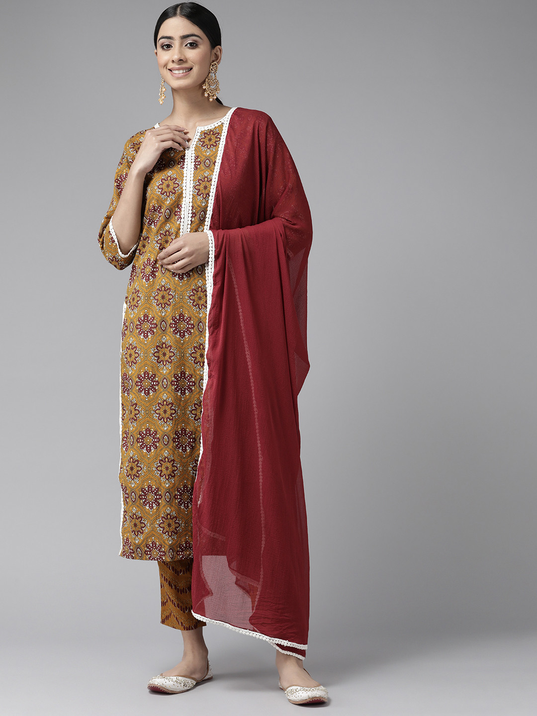 Ginni Arora Label Ethnic Motifs Printed Pure Cotton Kurta with Trousers & Dupatta
