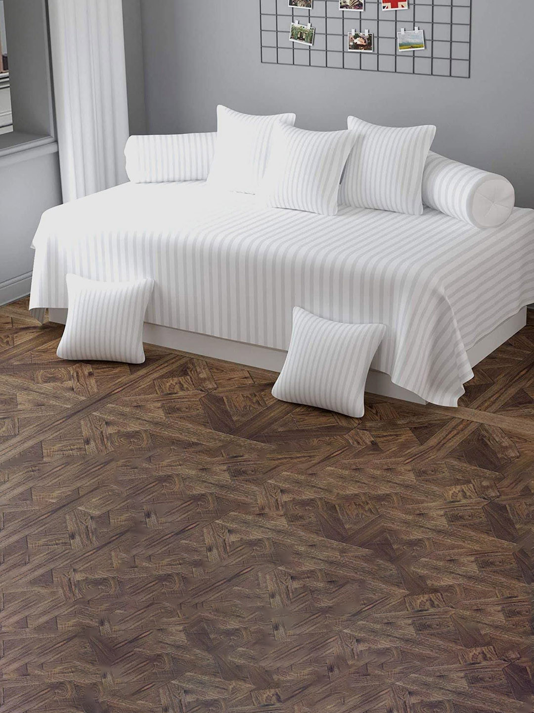 Bajo's Dartin Off White & Grey 8 Pcs Striped Satin Diwan Set