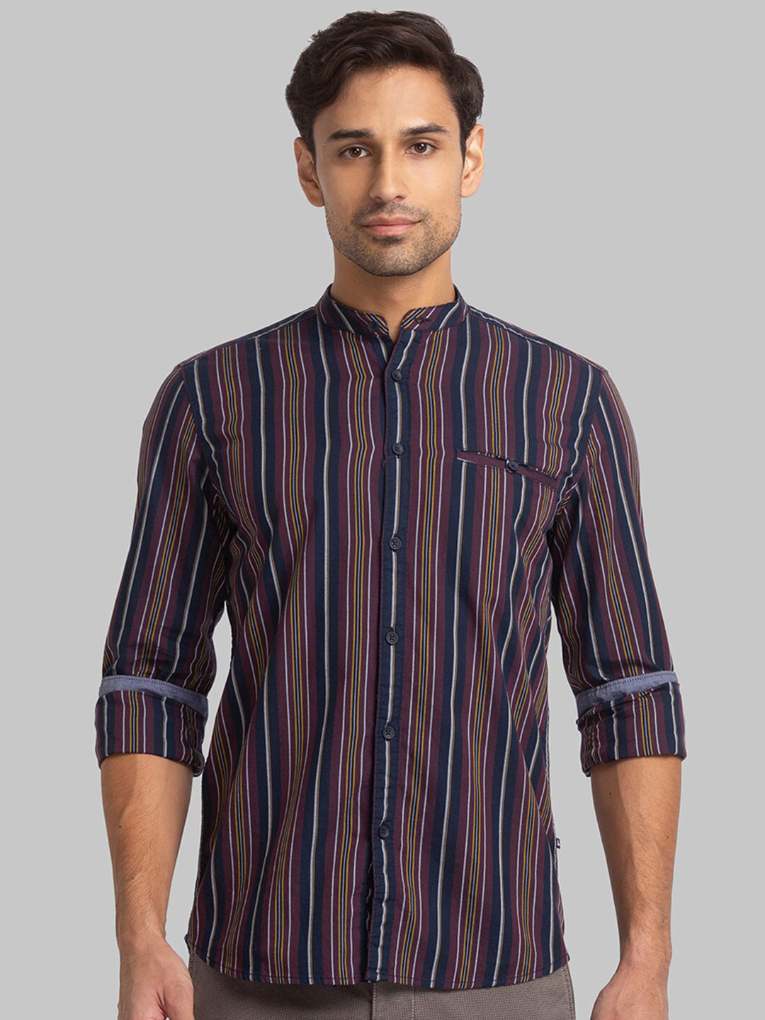 Parx Men Slim Fit Striped Band Collar Cotton Casual Shirt