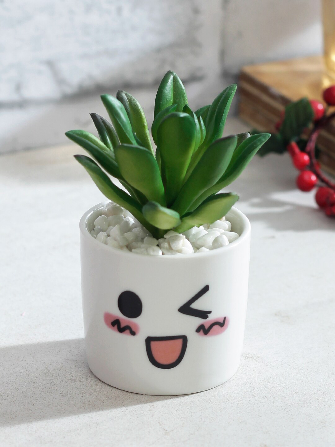 TAYHAA Green & White Artificial Bonsai Plant With Ceramic Pot